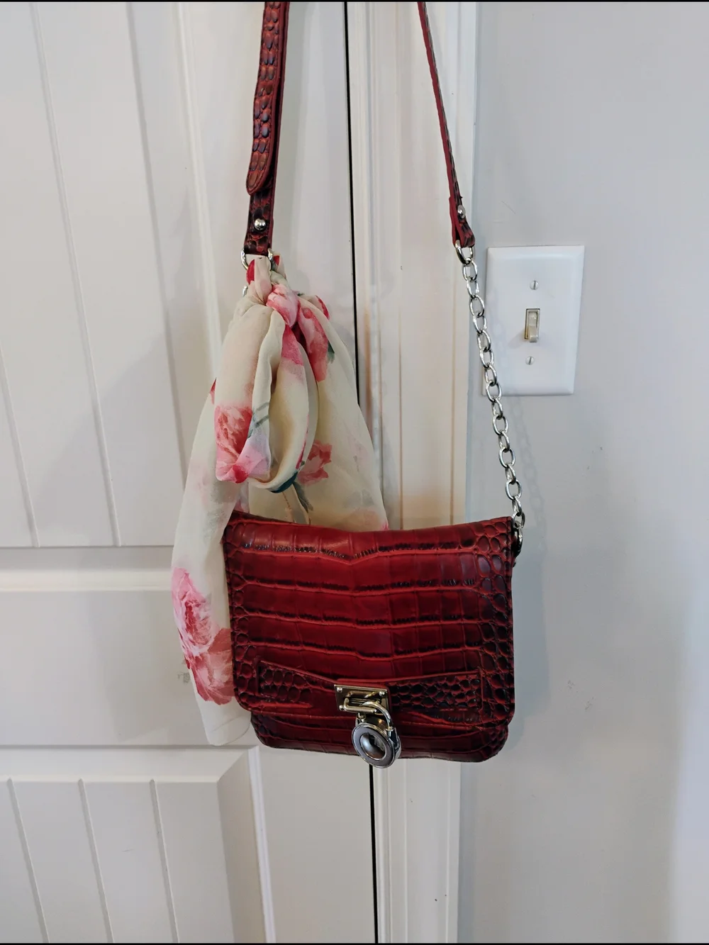 Red Croc-Embossed  Faux Leather Crossbody Bag with Floral Scarf